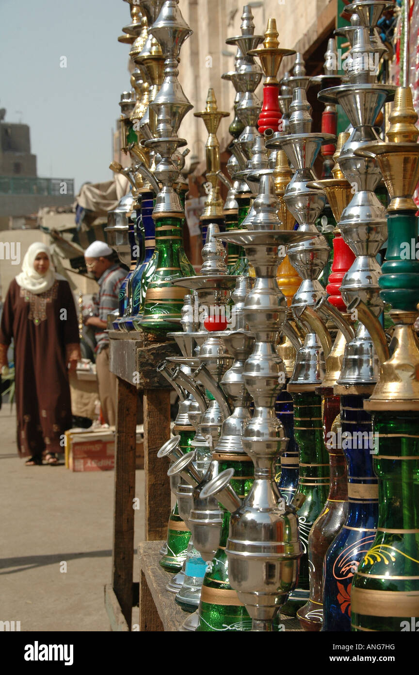 Hookah pipes for sale at the Coppersmiths Bazaar Old city of Cairo Egypt Stock Photo