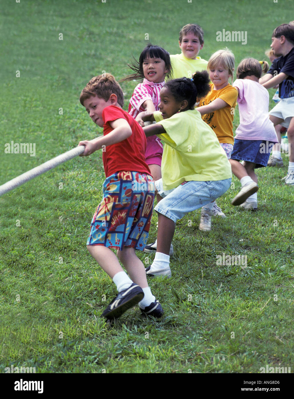 Multicultural children playing tug of war Stock Photo