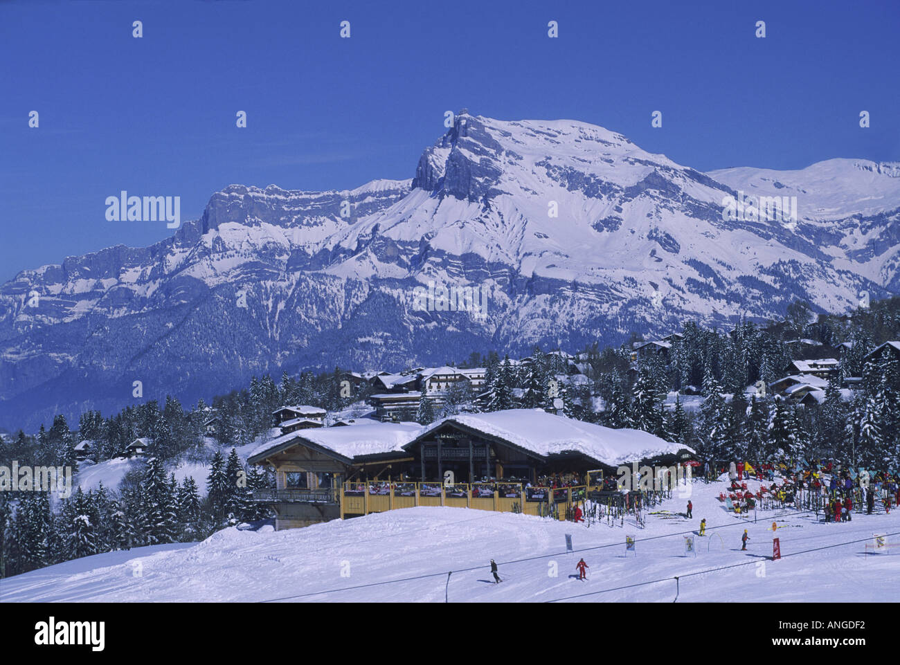 A view towards a mountain restaurant at the ski resort of Megeve, France. Stock Photo