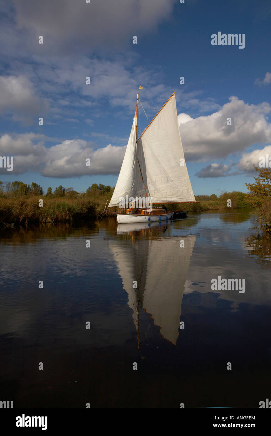 Traditional wooden sailing pleasure boat on the Norfolk Broads Stock Photo