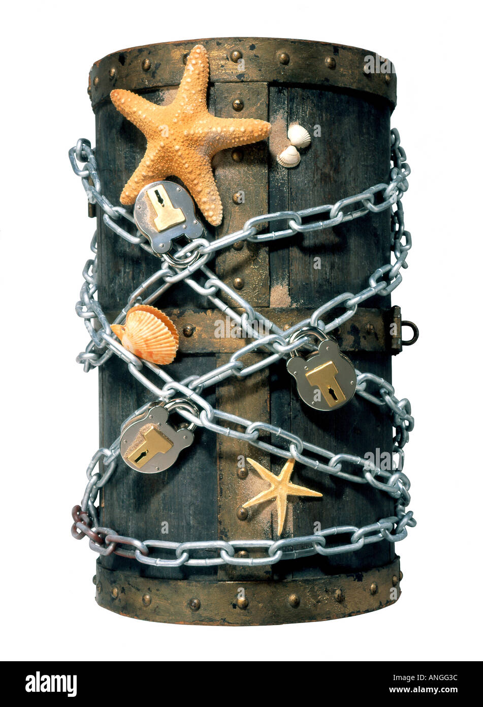 Treasure chest with silver chains padlocks and shells Stock Photo