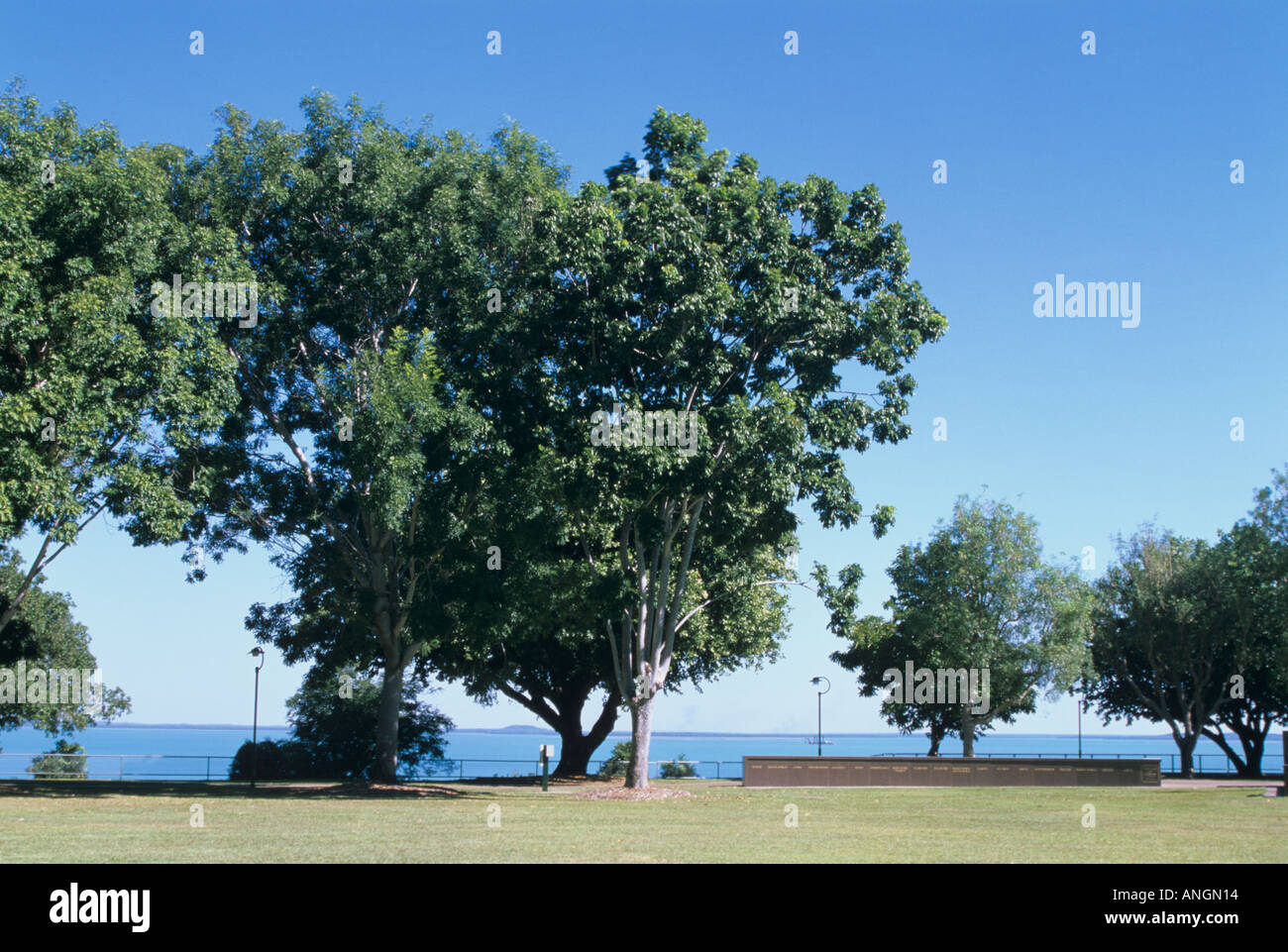 Bicentennial park, large trees and Second world war memorial, sea behind, Darwin esplanade, Northern Territory, Australia. Stock Photo