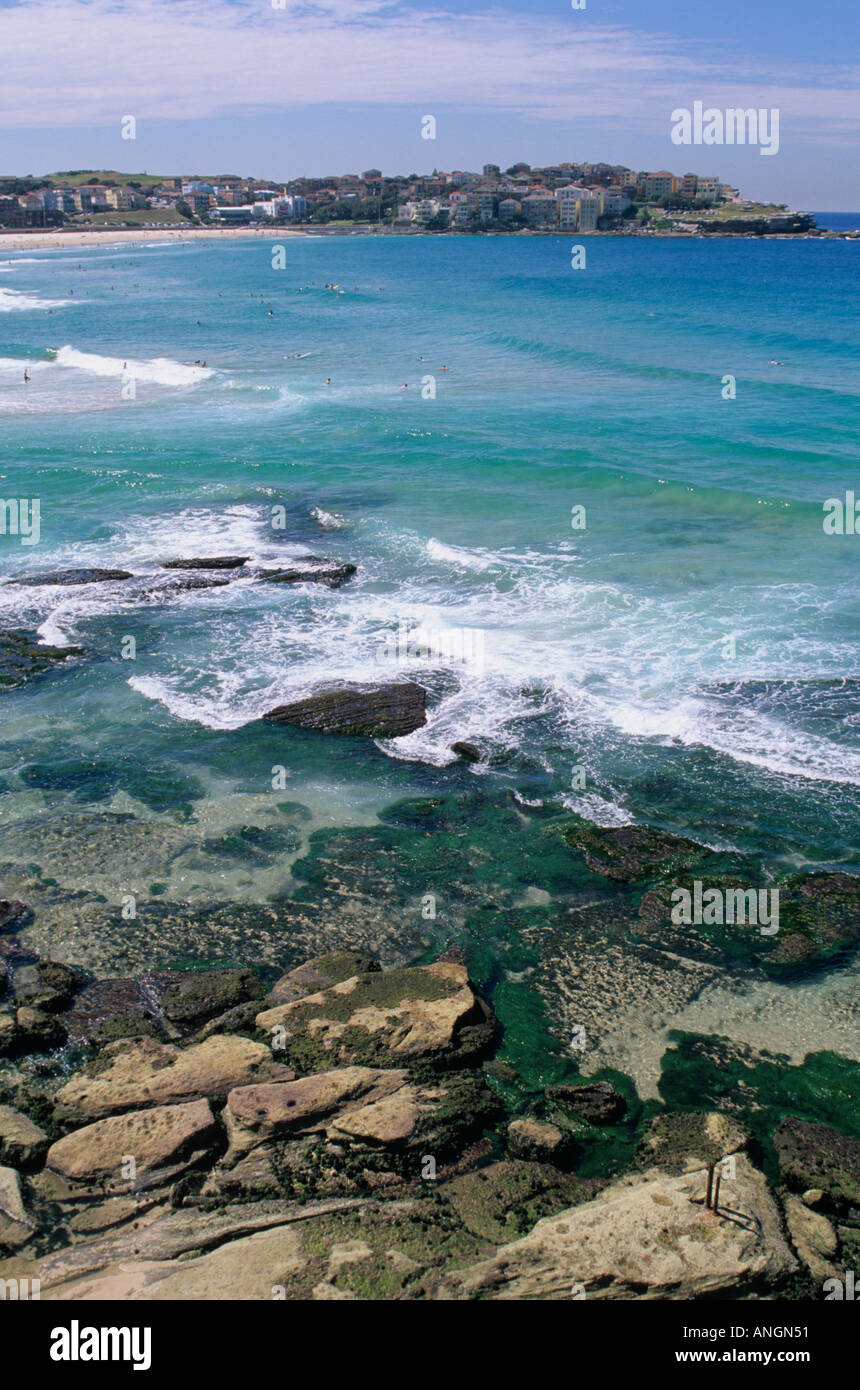 Bondi to Coogee famous costal walk, view from cliff over sea towards Bondi, Sydney NSW, Australia. Stock Photo