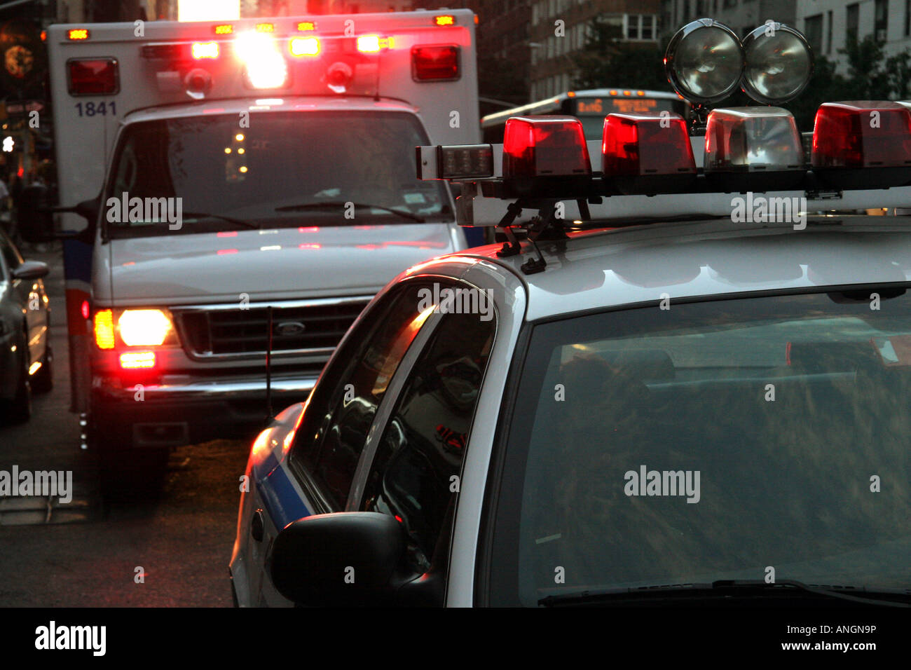 New York emergency service vehicles police car and ambulance Stock Photo