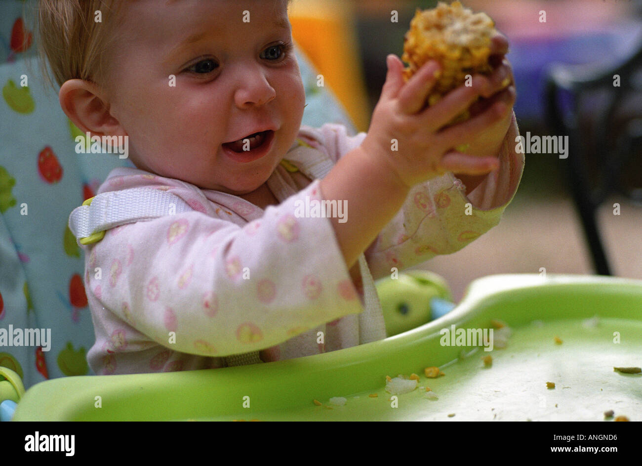 baby girl eats corn on the cob Stock Photo Alamy
