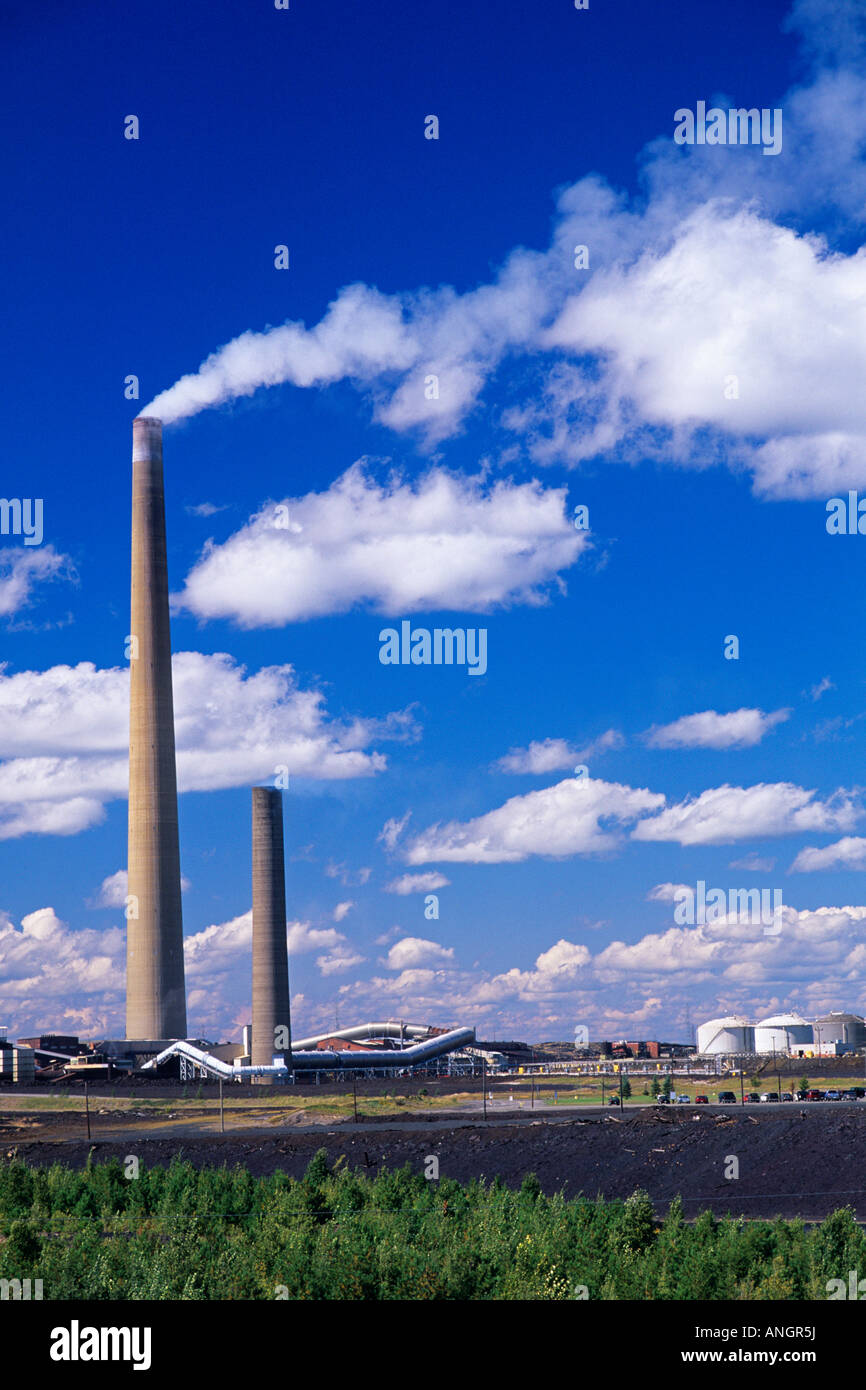 air pollution from stacks at INCO mining operations in Copper Cliff, Ontario, Canada. Stock Photo