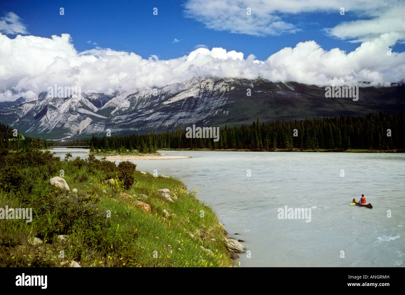 Canoeing, Athabasca River, Jasper National Park, Alberta, Canada. Stock Photo