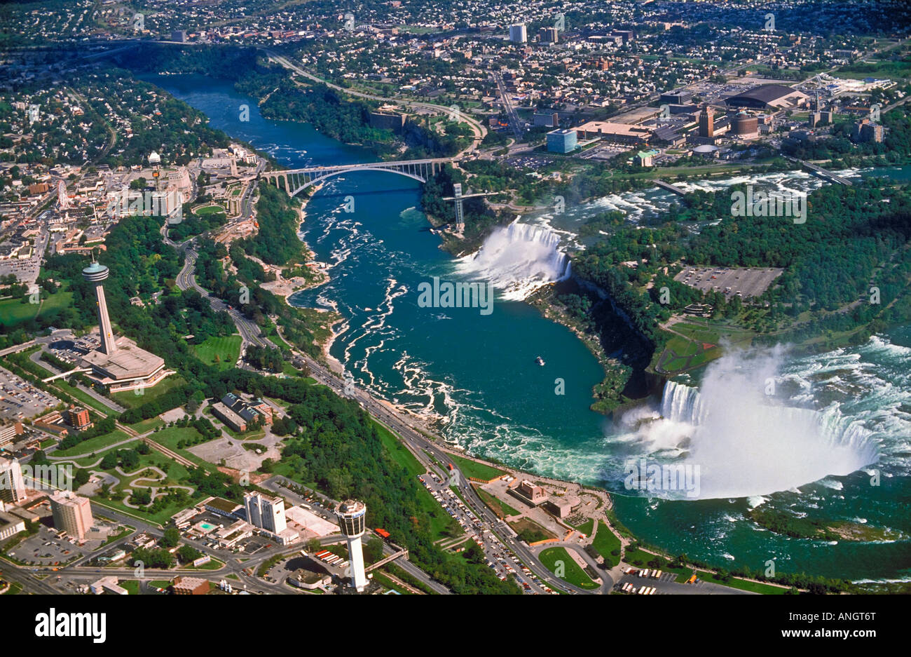 Aerial summer view of with the American Falls and adjacent Bridal Veil Falls seen in the background, and the Canadian Horseshoe Stock Photo