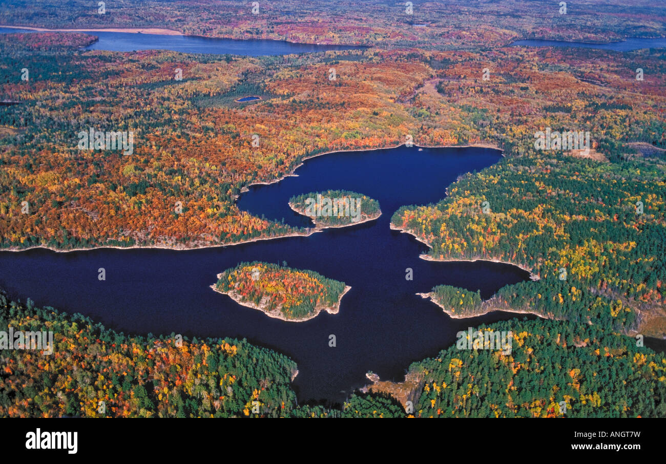 Aerial view of Canadian Shield mixed forest in autumn color, Sudbury Basin, near Sudbury, Ontario, Canada. Stock Photo