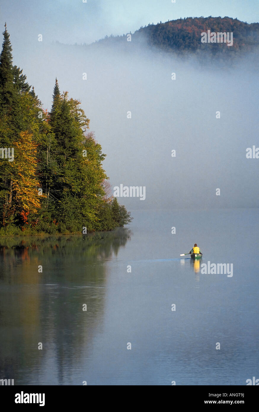 Canoeist paddles through morning mist in early September on Lake Monroe/Lac Monroe in Mont-Tremblant Provincial Park/Parc nation Stock Photo
