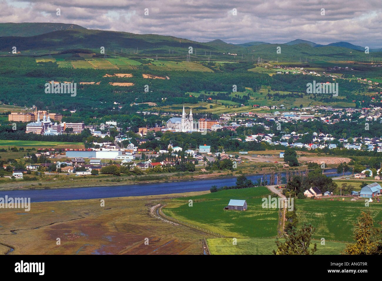 Overlook of city of BaieSaintPaul in summer with Hydro Quebec