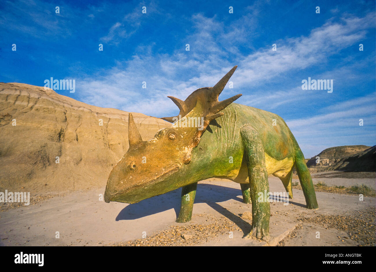 Replica of a Styracosaurus dinosaur, belonging to the ceratopsian group of horned and frilled dinosaurs, one of some 39 dinosaur Stock Photo