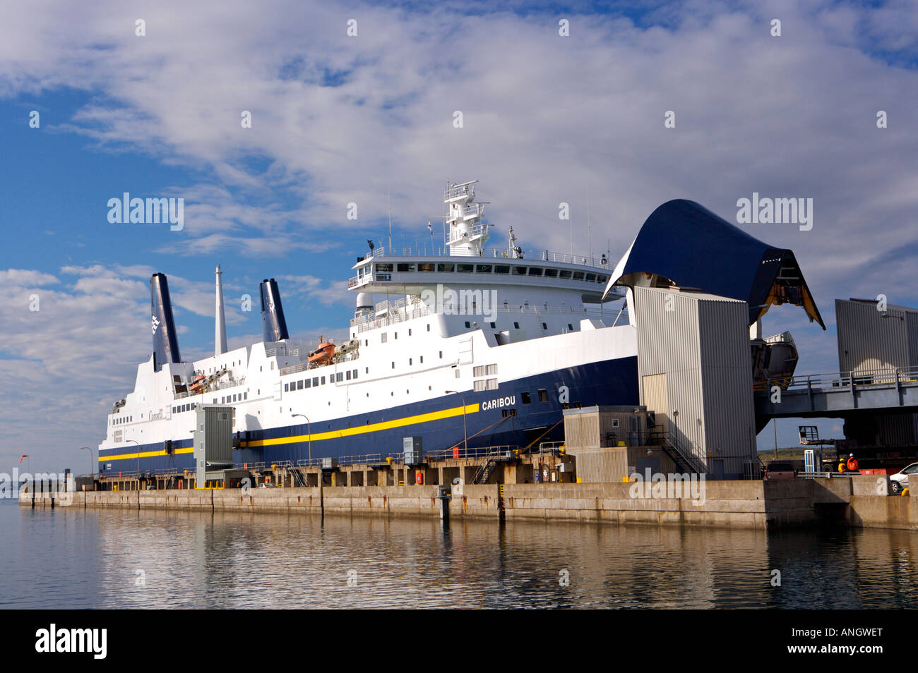 The M/V Caribou Ferry (to Port aux Basques) at the Marine Atlantic Ferry Terminal in North Sydney, Nova Scotia, Canada. Stock Photo