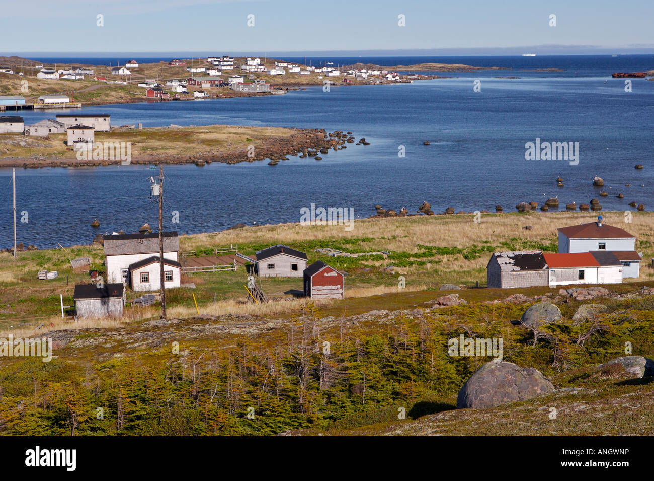 Town of Red Bay seen from the Boney Shore Trail, Red Bay, Labrador Coastal Drive, Viking Trail, Strait of Belle Isle, Southern L Stock Photo