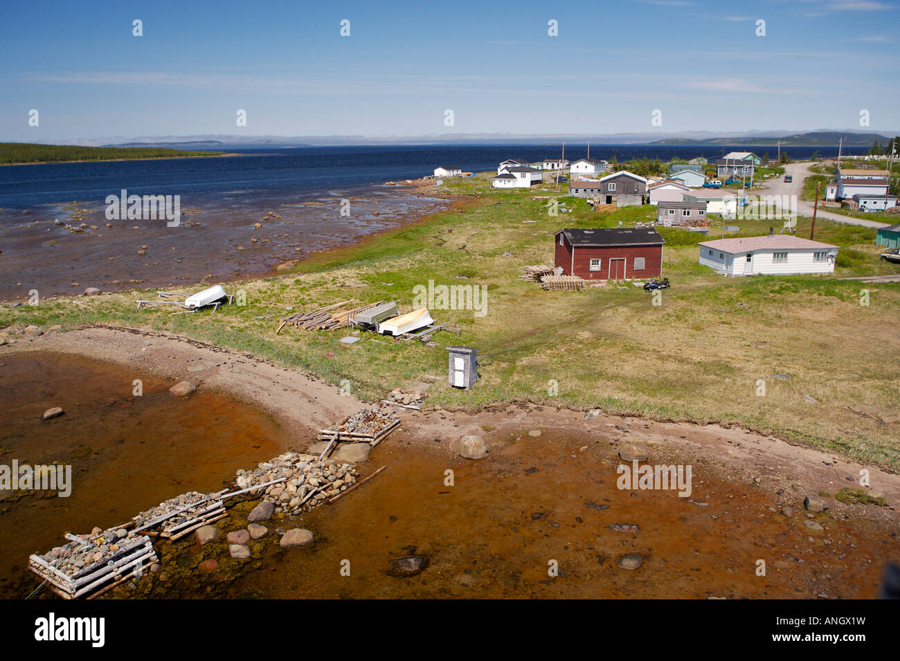 Aerial view of the town of Cartwright in Sandwich Bay, Southern Stock