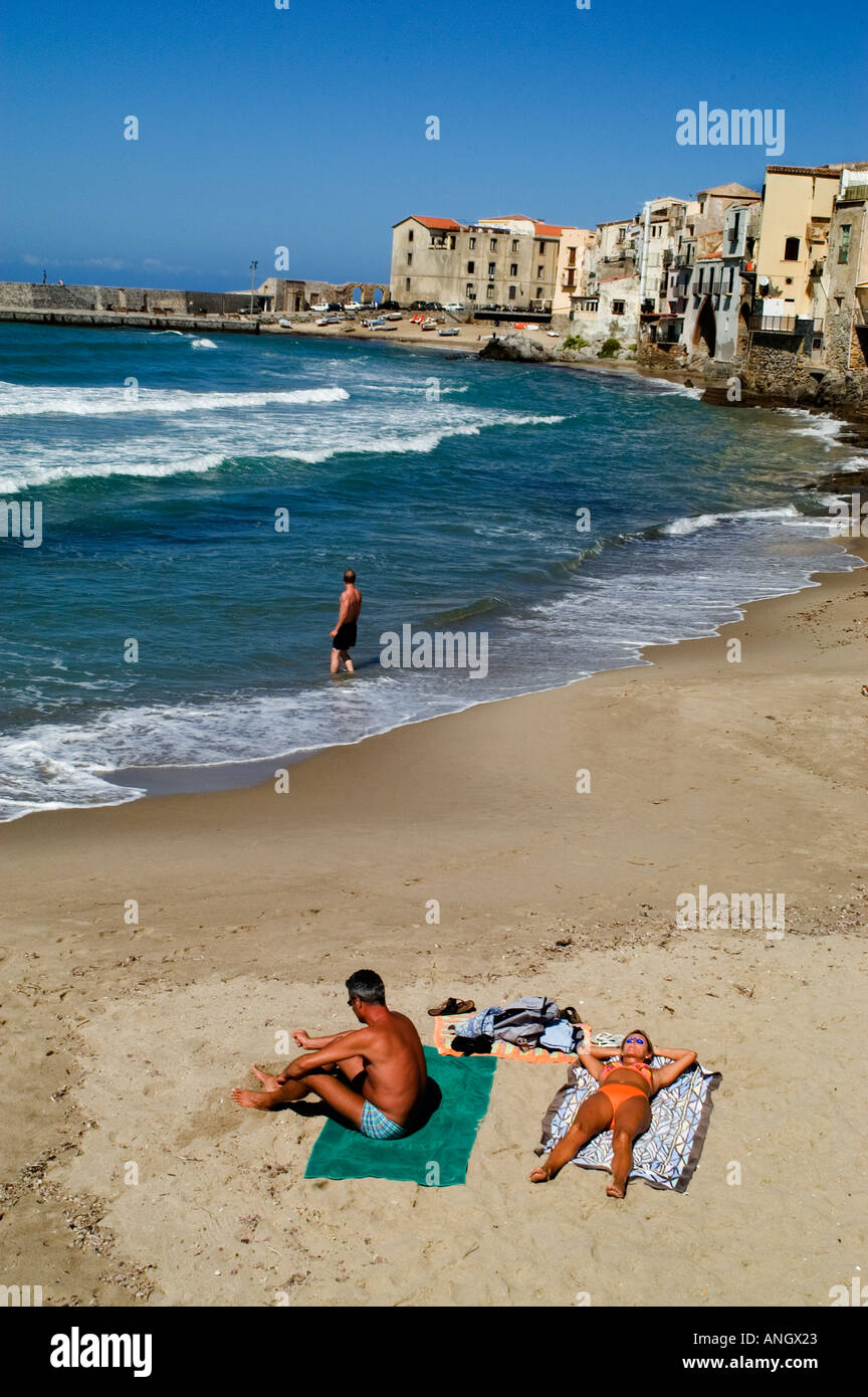 Cefalu Beach Sicily Italy Sea Coast Sunbathing Swimming Stock Photo Alamy