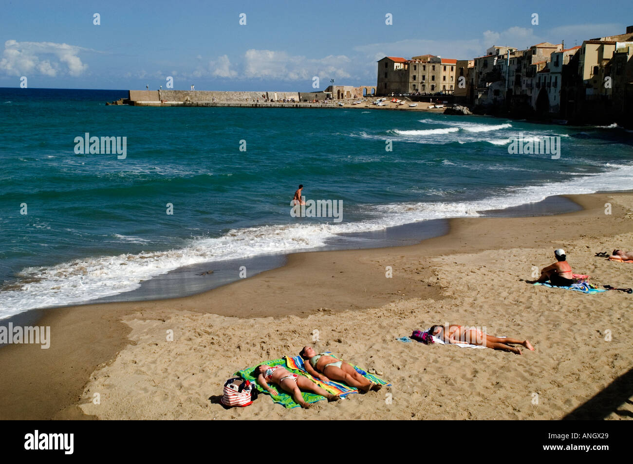 Cefalu Beach Sicily Italy Sea Coast Sunbathing Swimming Stock Photo Alamy