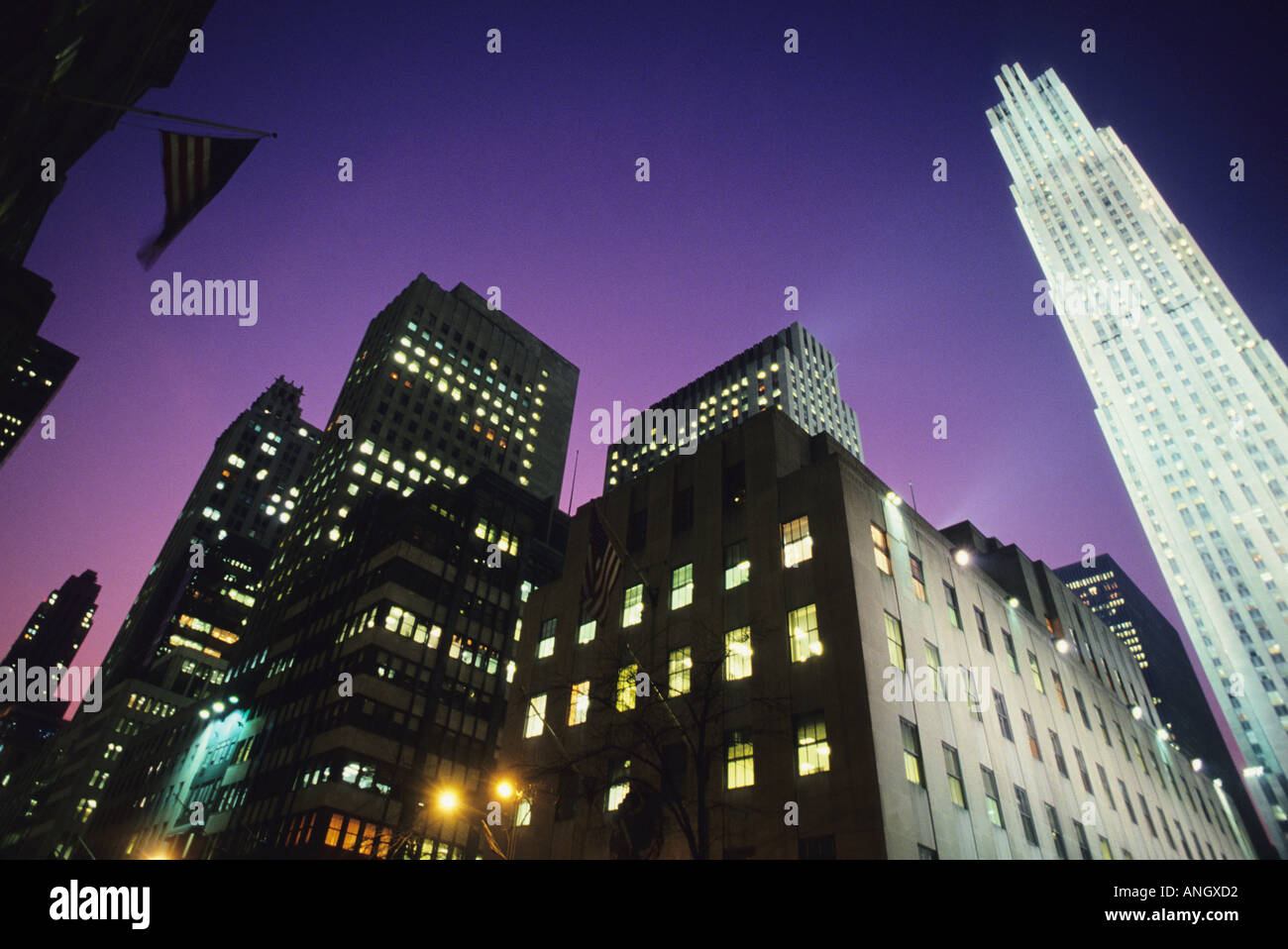 USA New York City Fifth Avenue and 50th Street lit up at night ...