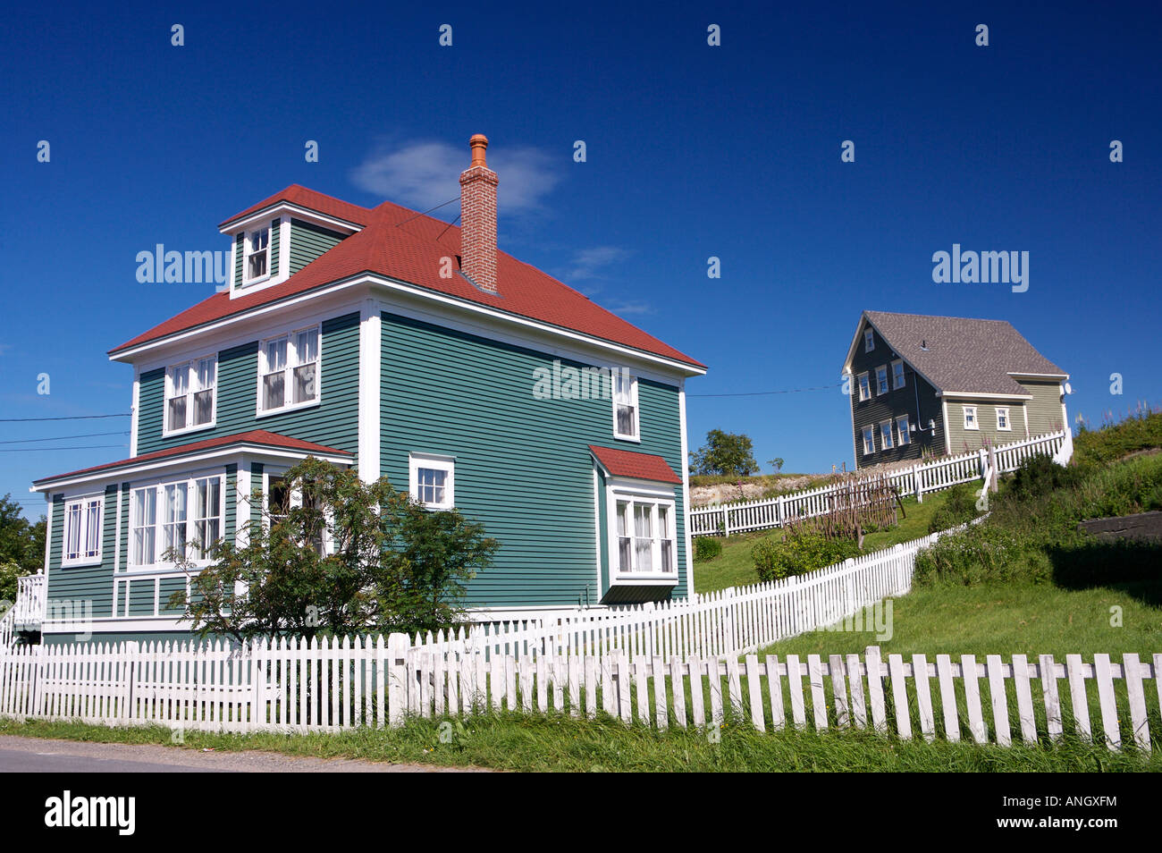 Houses with white picket fences in the town of Trinity, Bonavista