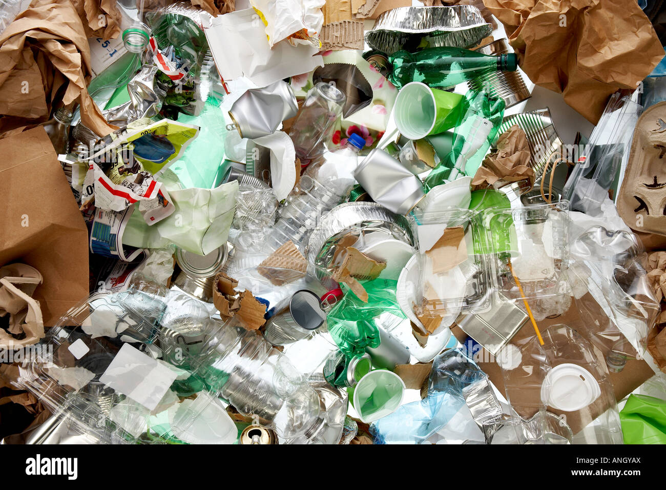 grouping of recyclable material glass, plastic amd metal, Montreal, Quebec, Canada. Stock Photo