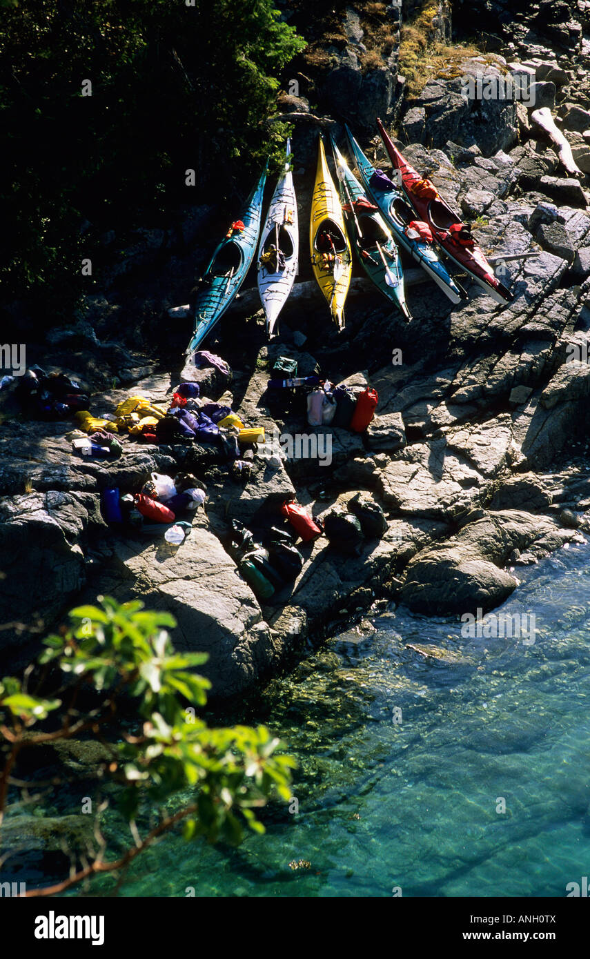 Kayaks on shore, Desolation Sound Marine Park, Curme Island, British