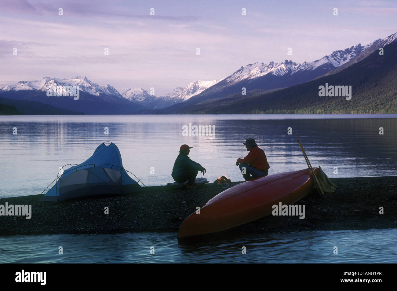 canoe camping on Tatlayoko Lake, British Columbia, Canada Stock Photo