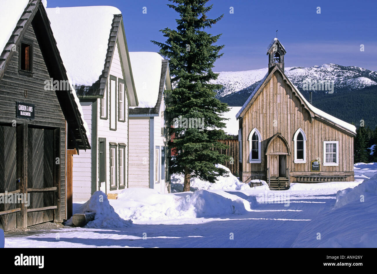 Main Street and St Saviour's Church in morning light in the historic mining town of Barkerville is located just outside of Bowro Stock Photo