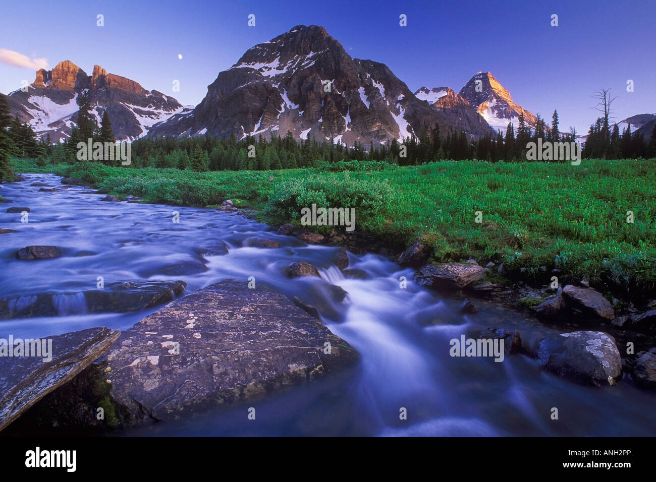 Magog Creek and Naiset Point, Mount Assiniboine Provincial Park, British Columbia, Canada. Stock Photo