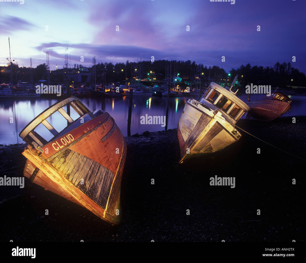 Abandoned fishing boats at night, Masset, Haida Gwaii, British Columbia, Canada Stock Photo Alamy