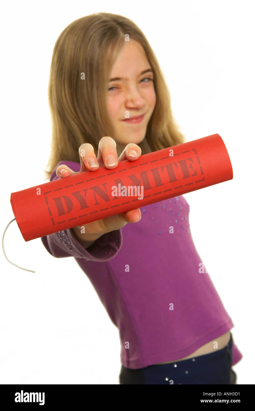 Young white girl holding stick of dynamite Stock Photo