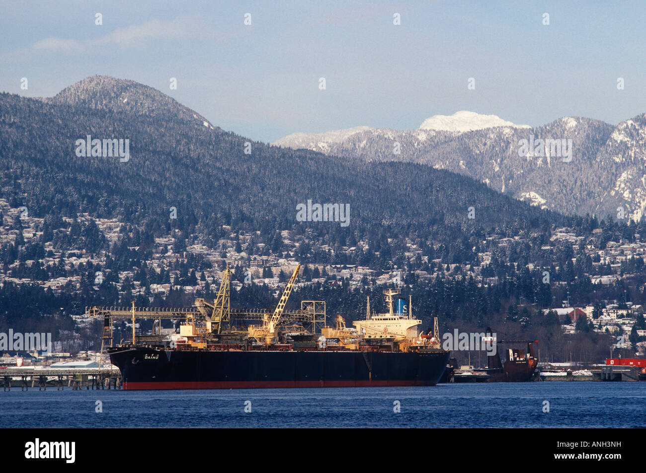 Cargo ship anchored off the West End of Vancouver, British Columbia, Canada. Stock Photo