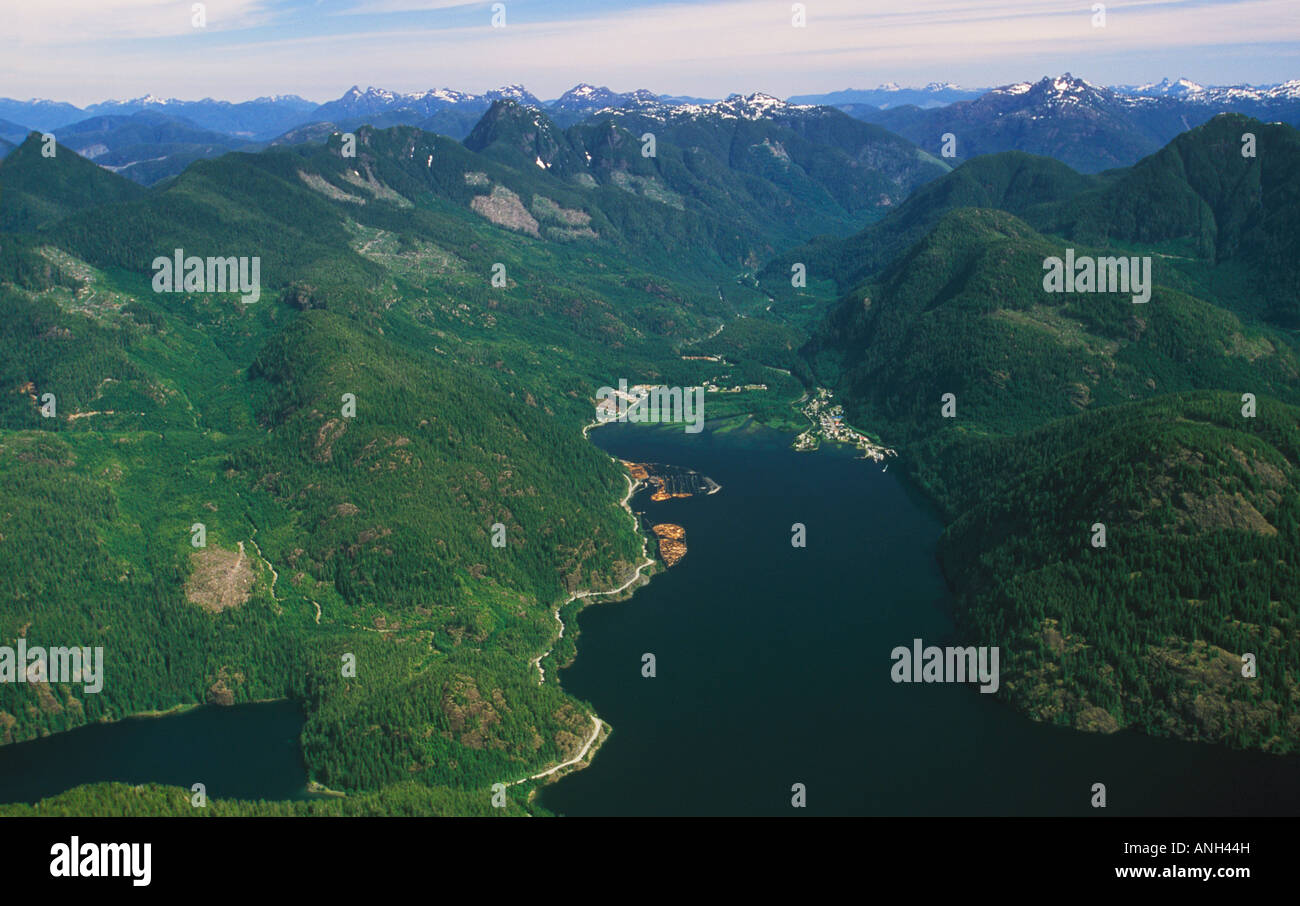 Aerial of Zeballos Inlet and mountains, Vancouver Island, British