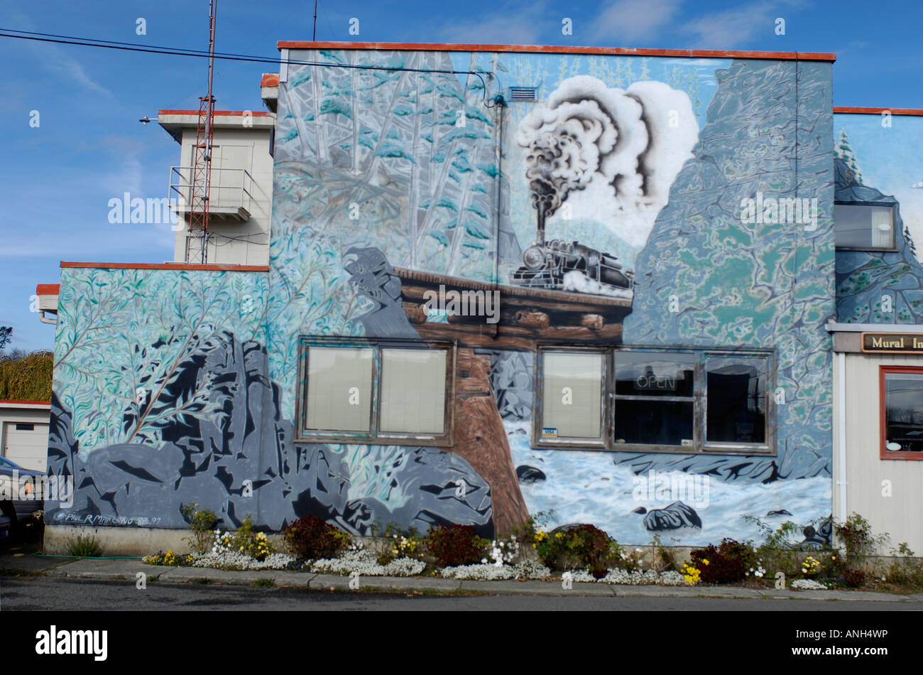 Chemainus open air giant wall murals Vancouver Island BC British Columbia Canada Stock Photo