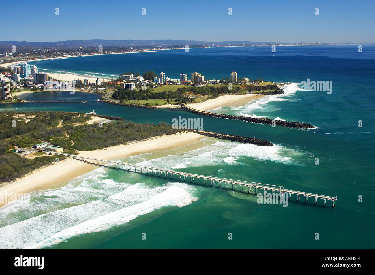 Tweed River and Tweed Heads New South Wales and Coolangatta Queensland Australia aerial Stock Photo