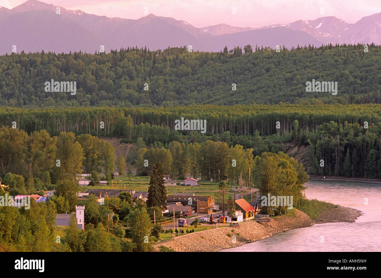 The historic village of Hazelton (pop 361) in northern BC is situated on the banks of the mighty Skeena River, British Columbia, Stock Photo
