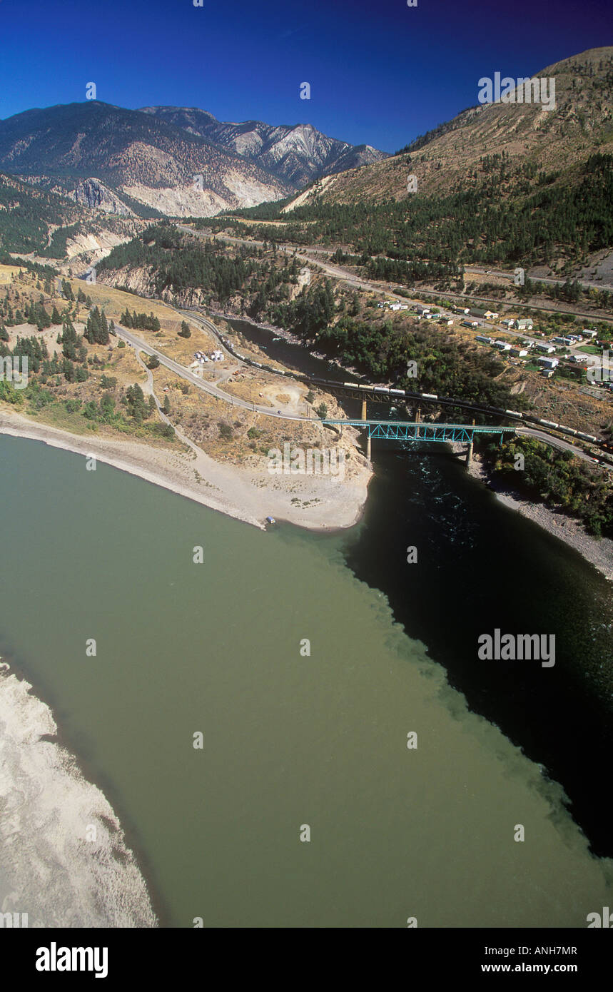 Aerial of the confluence of the Thompson and Fraser Rivers near Lytton