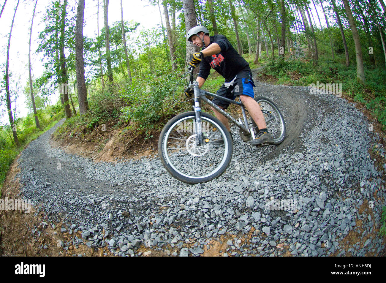 Mountain bikers ride the man made trails in Chopwell Woods near