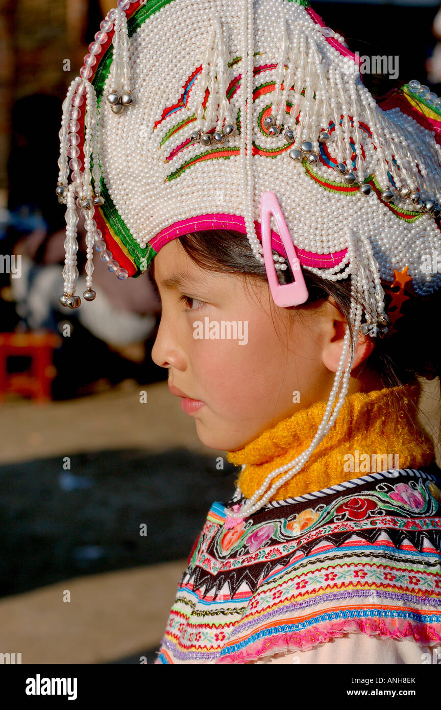 chinese hani minority girl have traditional clothes in the festival. Stock Photo
