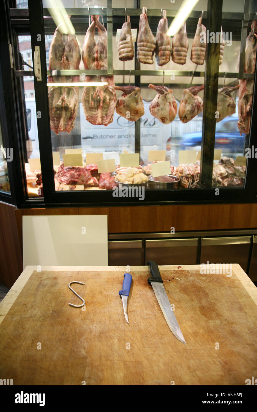 Chopping block in Allens butchers Mayfair London UK Stock Photo