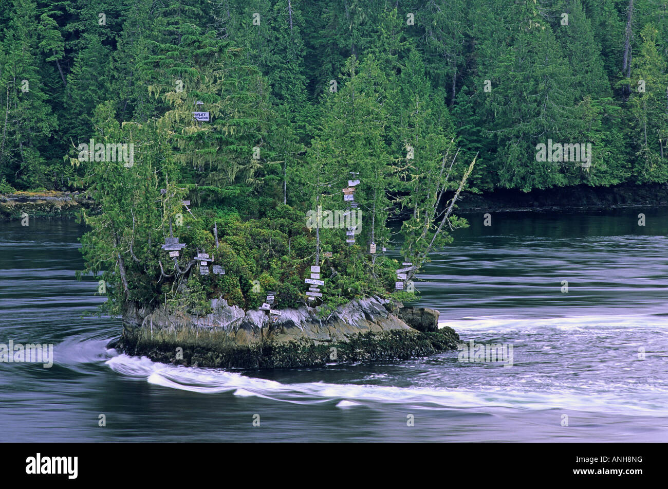 Tremble Island is said to tremble from the sheer force of Nakwakto Tidal Rapids, at 22 knots the fastest navigable tidal rapids Stock Photo