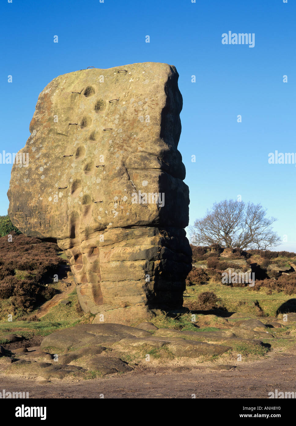 The Cork Stone on Stanton Moor ancient weathered rock in Peak District National Park. Birchover Derbyshire England UK Britain Stock Photo