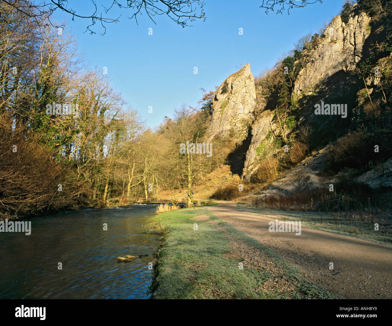 DOVEDALE gorge River Dove with footpath near Tissington Spires in White Peak of Peak District National Park Derbyshire England UK Britain Stock Photo