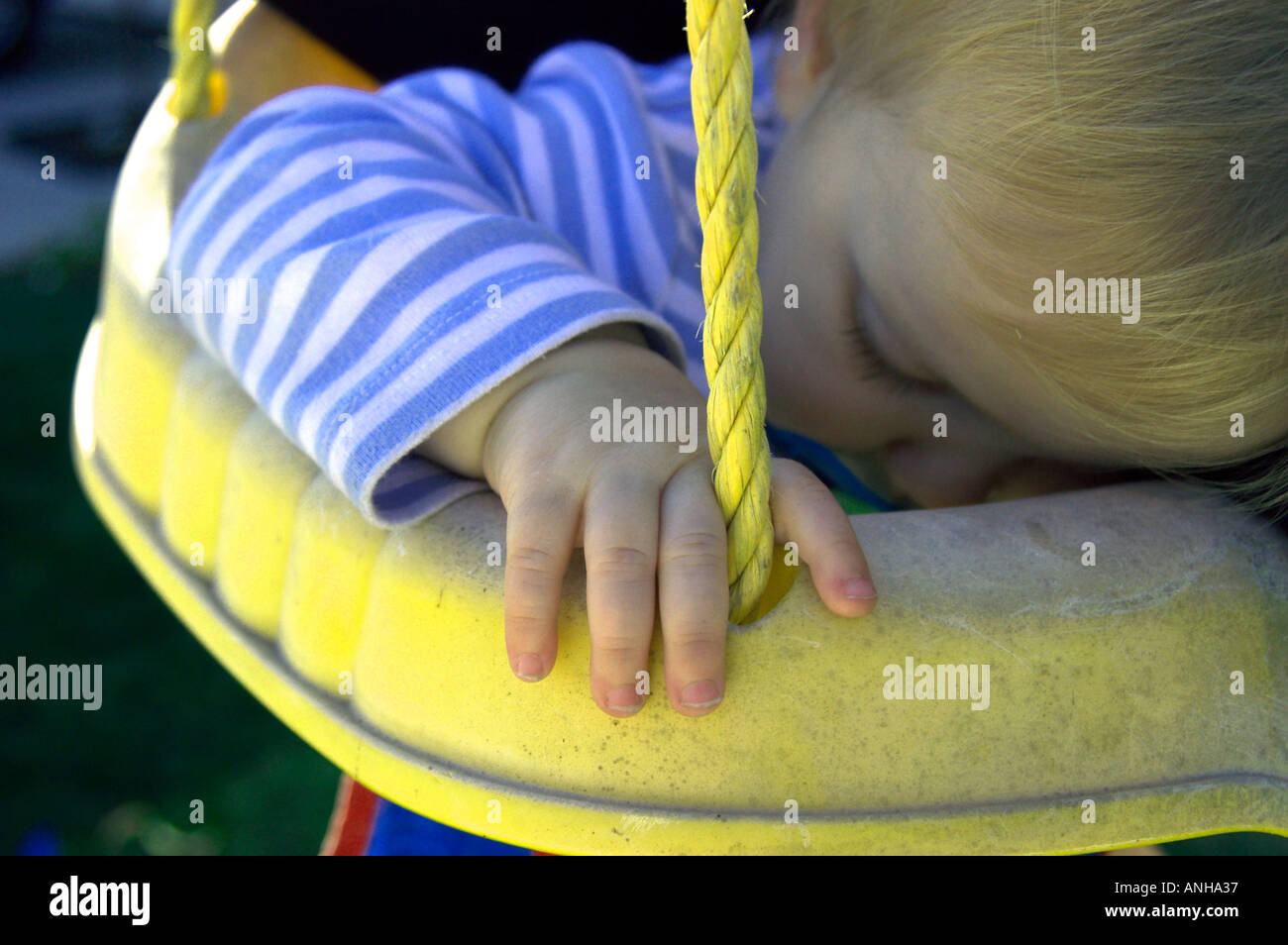 sleeping baby on swing Stock Photo Alamy