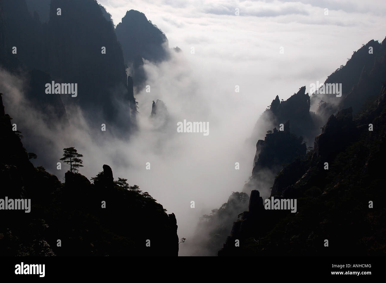 low hanging clouds at the Huang Shan Mountains in the Anhui province ,China Stock Photo