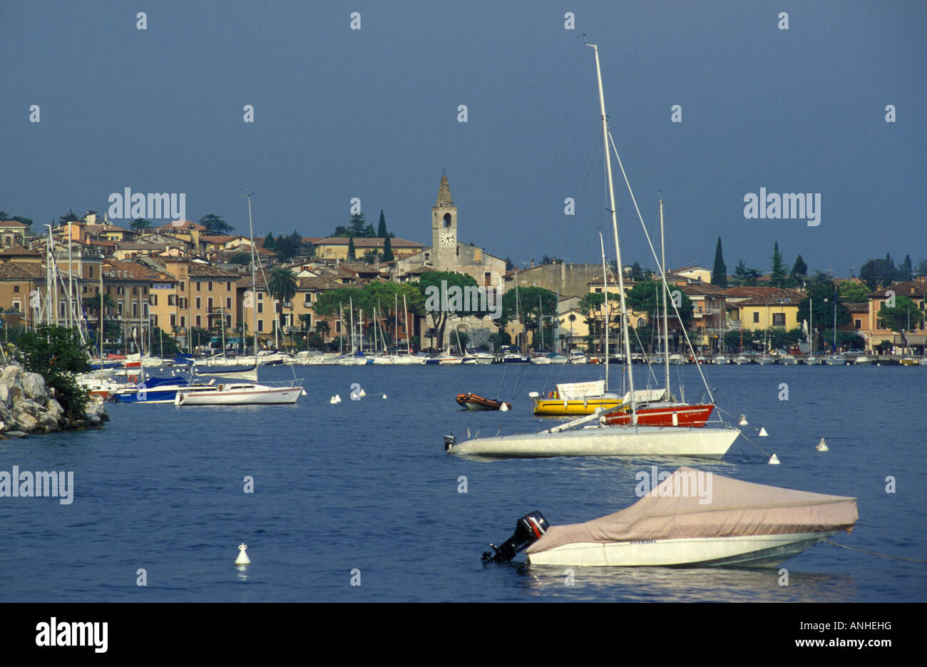 Boats in front of Toscolano Maderno Garda Lake Italy Europe Stock Photo