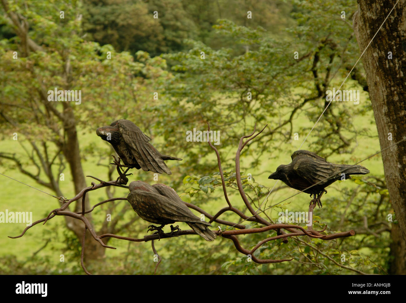 Sculpture of crows in the Calgary Art in Nature sculpture park, Isle of