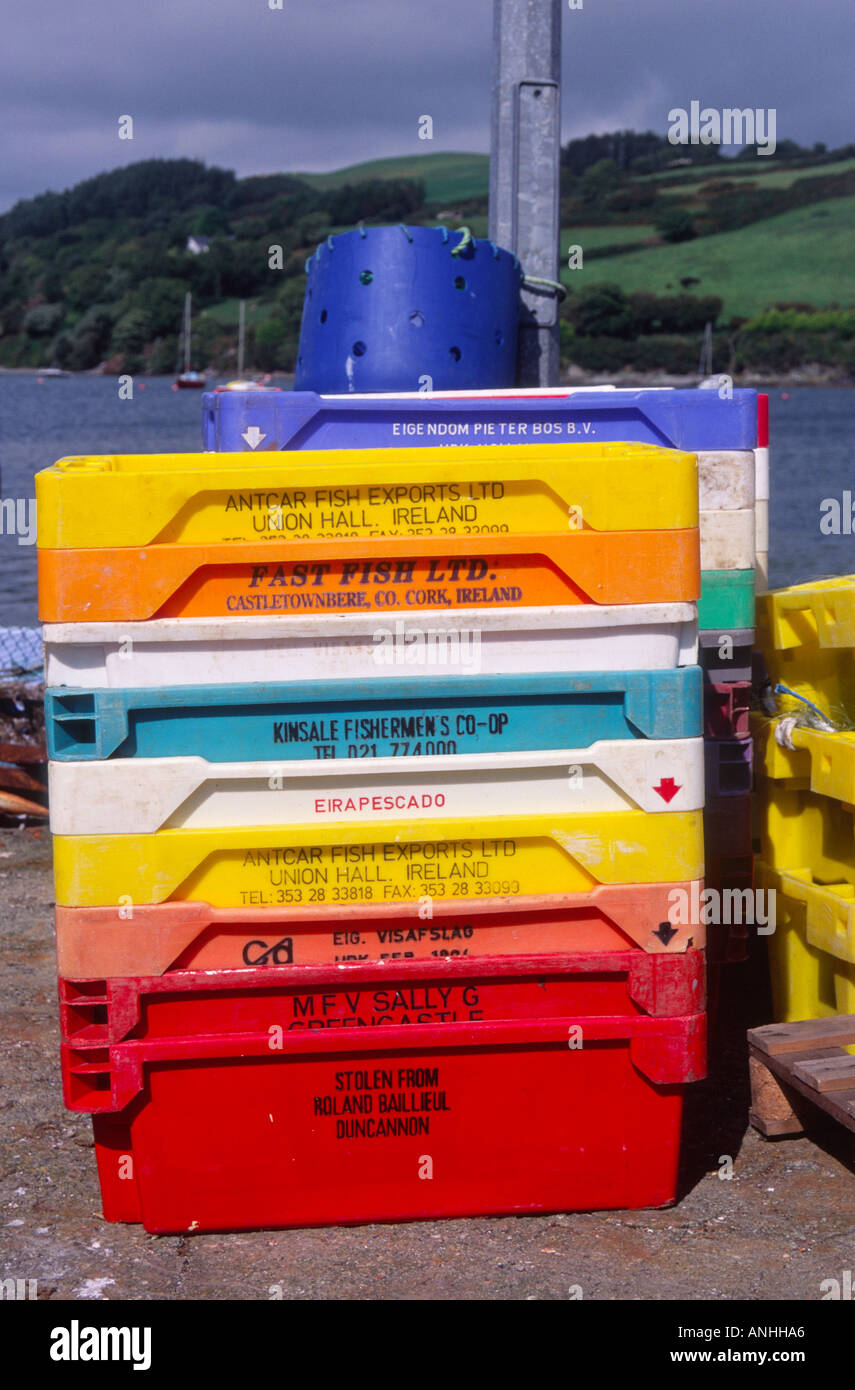 Colourful fish containers Union Hall County Cork Ireland Stock Photo