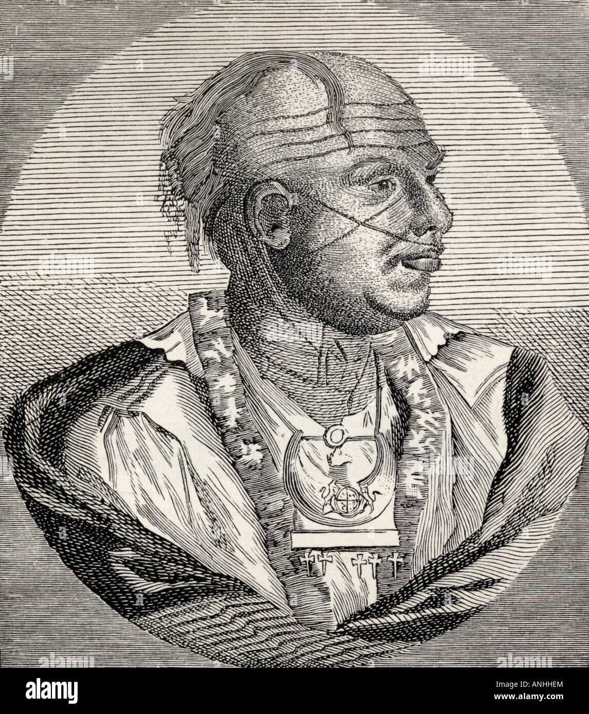 Outacite Ostenaco, c.1703- c.1780.  Chief of the Cherokees. Engraving from an old print. Stock Photo