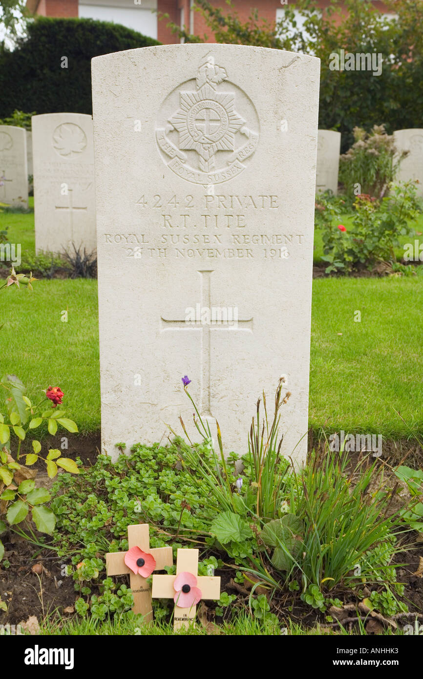 Grave of R T Tite in Poperinghe New Military cemetery Belgium. Shot at dawn for desertion in WW1 Stock Photo