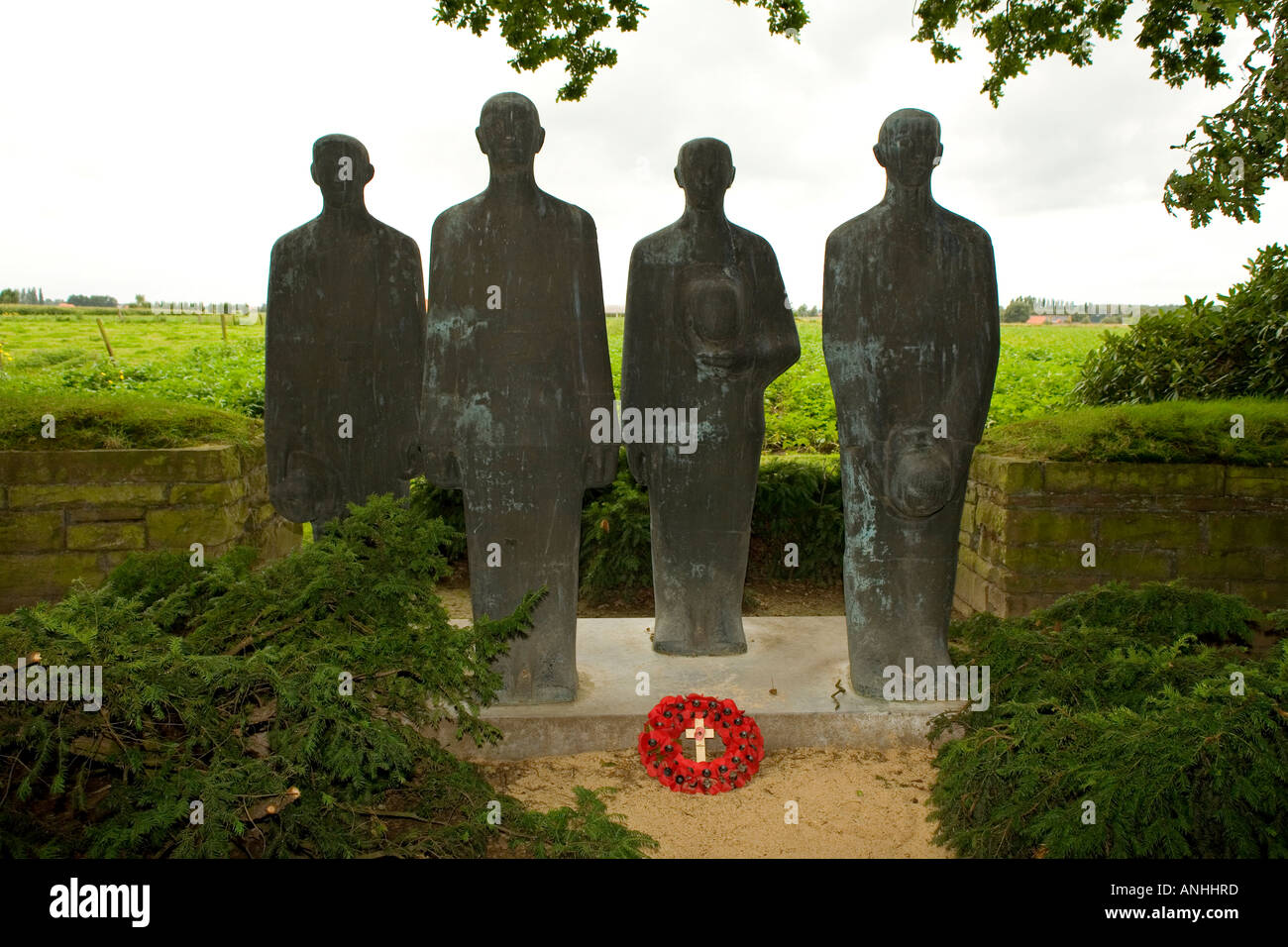 Memorial figures at Langemark German military cemetery of WW1 soldiers near Ypres in Belgium Stock Photo